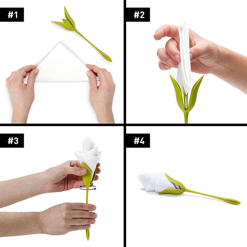 Set of 4 Green Stemmed Plastic Twist Flower Buds Serviette Holders Plus White Napkins for Making Original Table Arrangements
